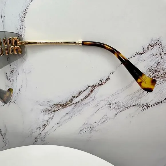 New MIU MIU Logo Sunglasses 2025 Runway Gold Slim Skinny Wrap Rimless Italy